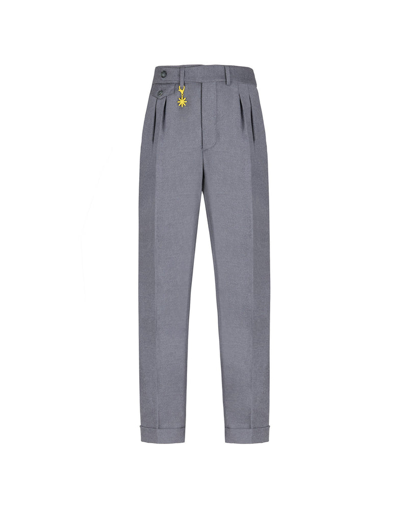 Manuel Ritz gray double pleat stretch wool flannel trousers