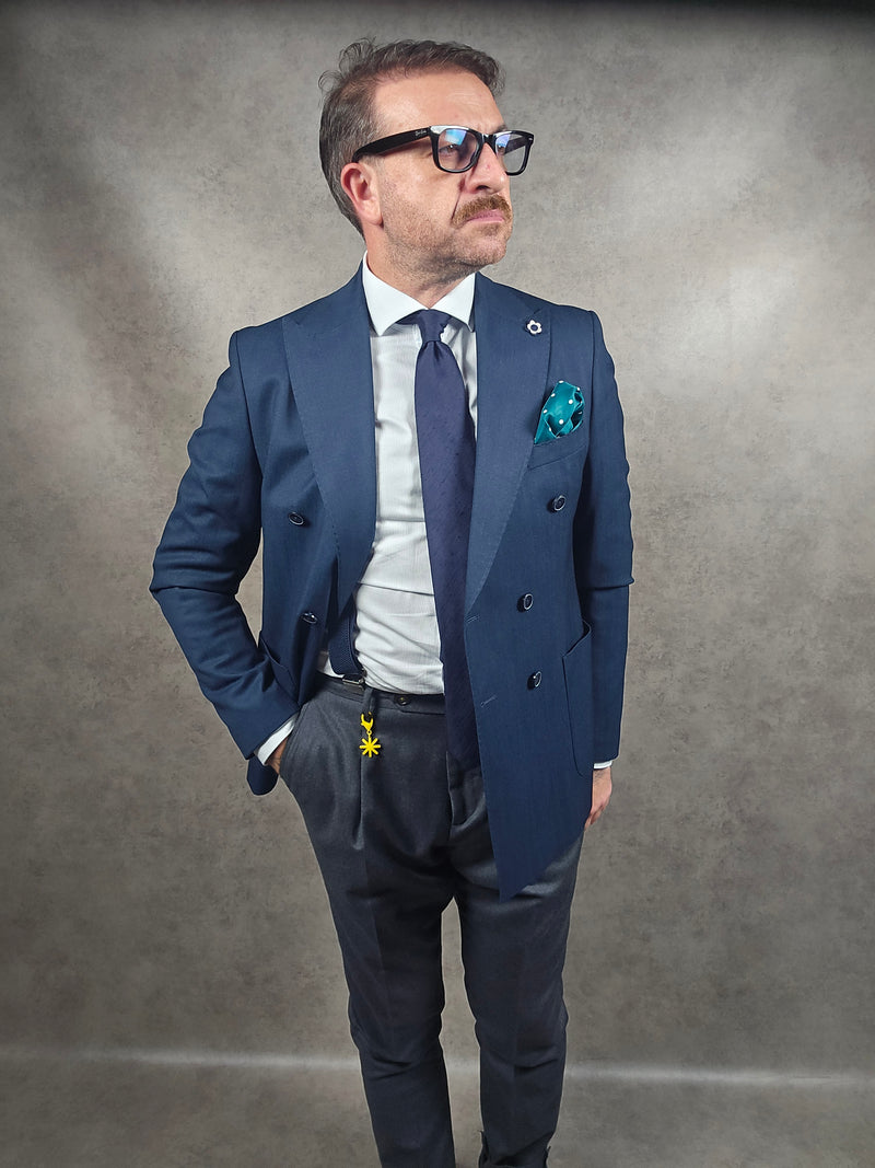 2Blind 2C Double Breasted Navy Blue Herringbone Blazer